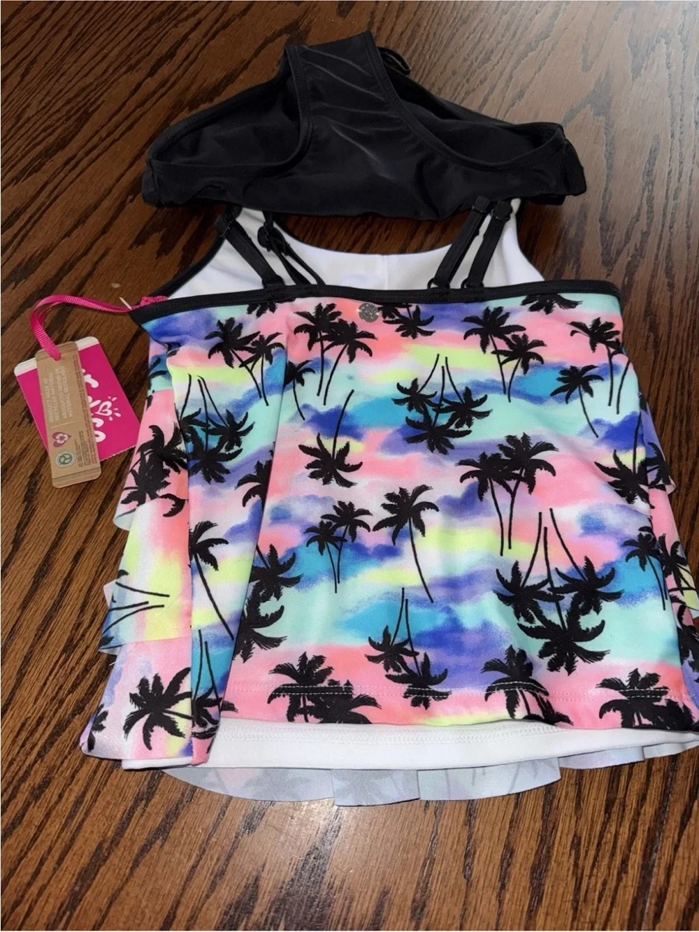 NWT Girls Justice Medium 7/8 Swimming Suit Swimsuit Palm Trees Two Piece Rainbow
